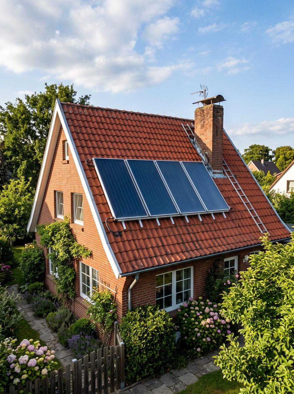 Solarthermie-Flachkollektoren auf dem Ziegeldach eines Einfamilienhauses bei Sonnenschein
